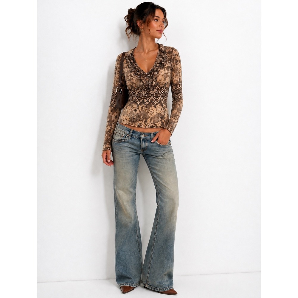 Y2K INC International Concepts Top Medium Brown Floral Lace Ruffle V-Neck Mesh